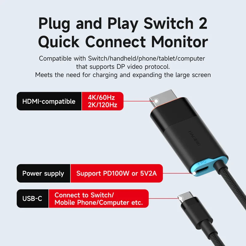 Plug and Play Switch 2 Quick Connect Monitor with features highlighted on a light gray background