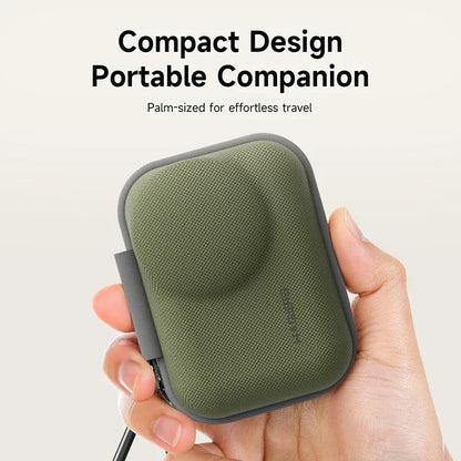 Green and gray compact device case held in a hand with text 'Compact Design Portable Companion' on a white background.