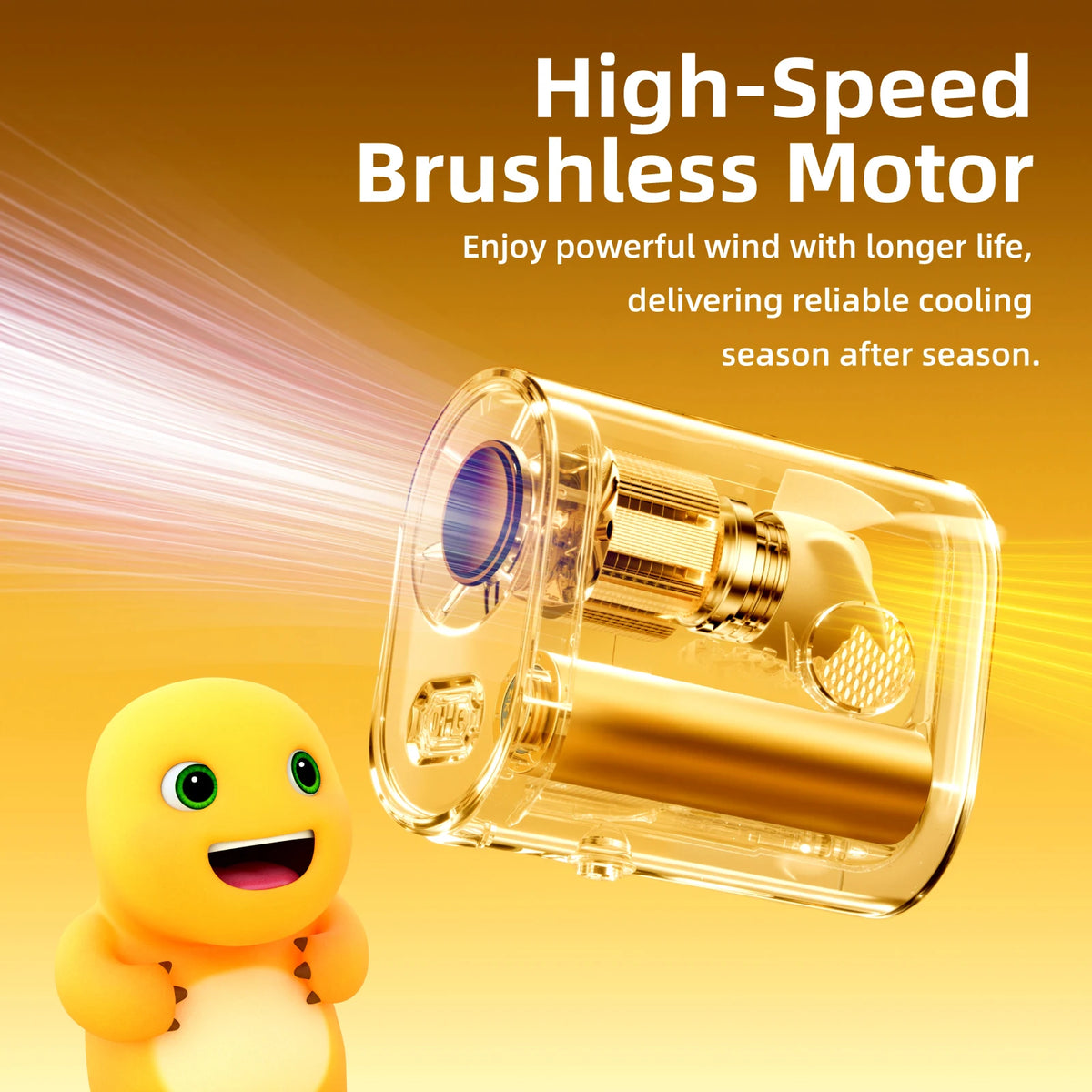 High-speed brushless motor with a cartoon character on a yellow background