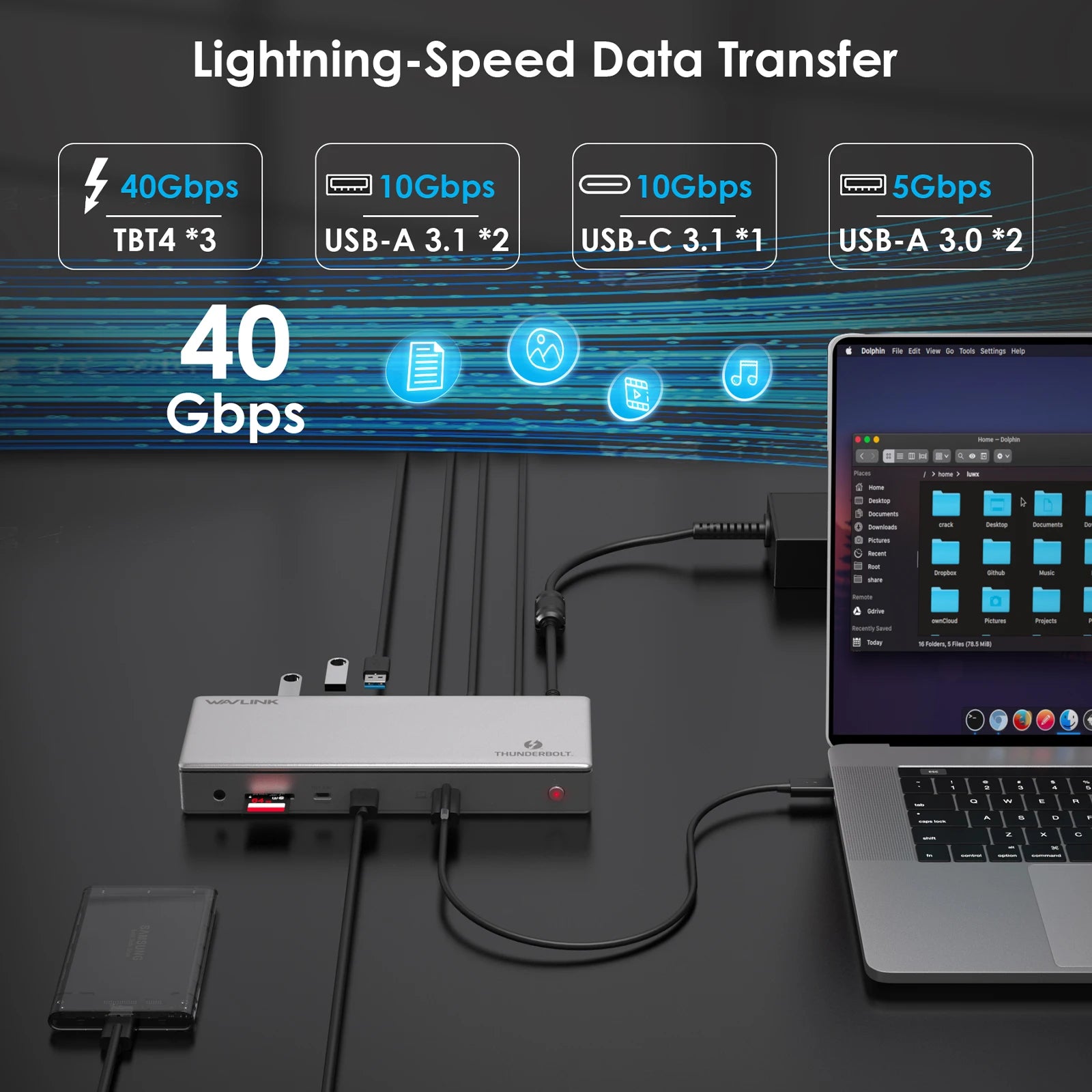 USB hub connected to a laptop with text highlighting lightning-speed data transfer speeds.