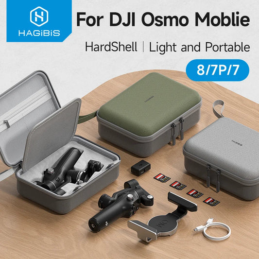 Hagibis hardshell case for DJI Osmo Mobile on a wooden surface with accessories.