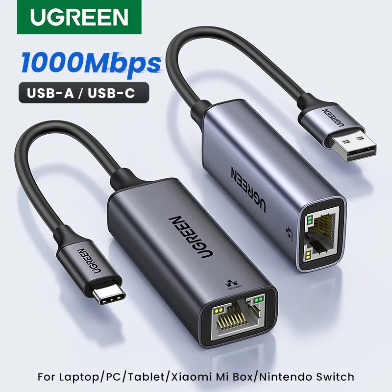 UGREEN USB-A to USB-C and Ethernet adapter on a light gray background
