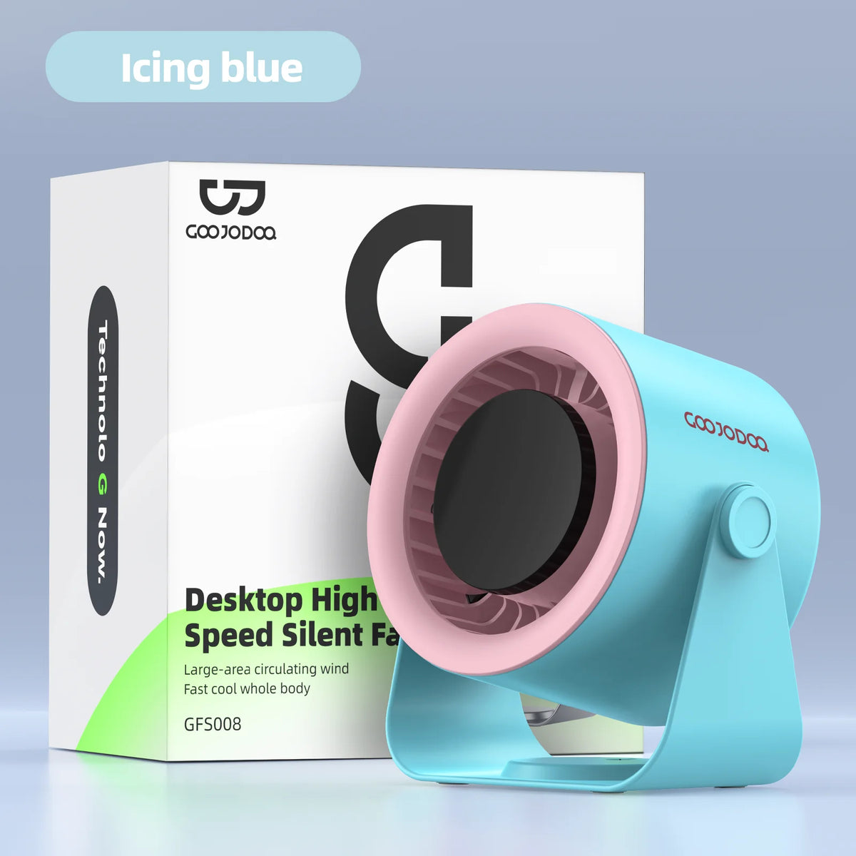 Blue and pink desktop fan with COOJODAQ branding and packaging on a light blue background.
