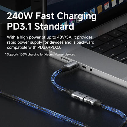 Laptop with a charging cable connected, highlighting 240W fast charging capability.