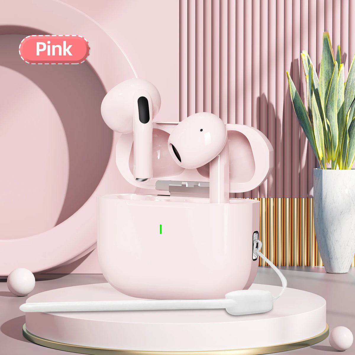Pink wireless earbuds with charging case on a decorative stand