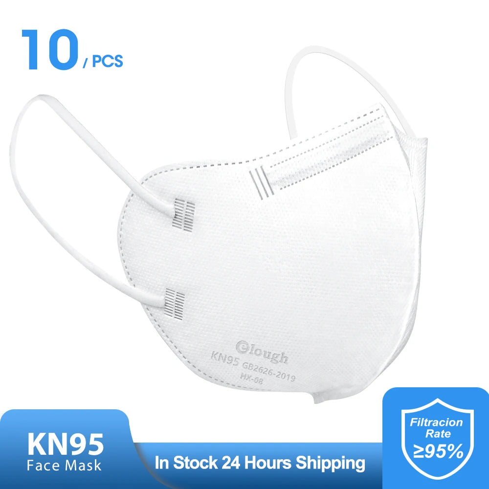 White KN95 face mask with branding on a white background