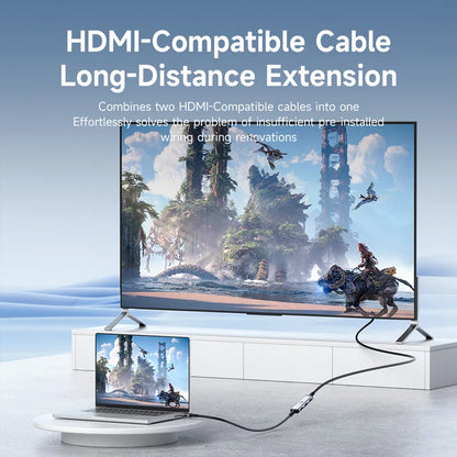 HDMI-compatible cable long-distance extension with TV and laptop setup on a light blue background