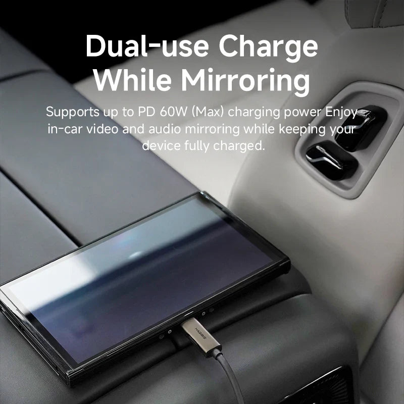 Car dashboard with a device mirroring screen and charging cable, text about dual-use charge and mirroring.