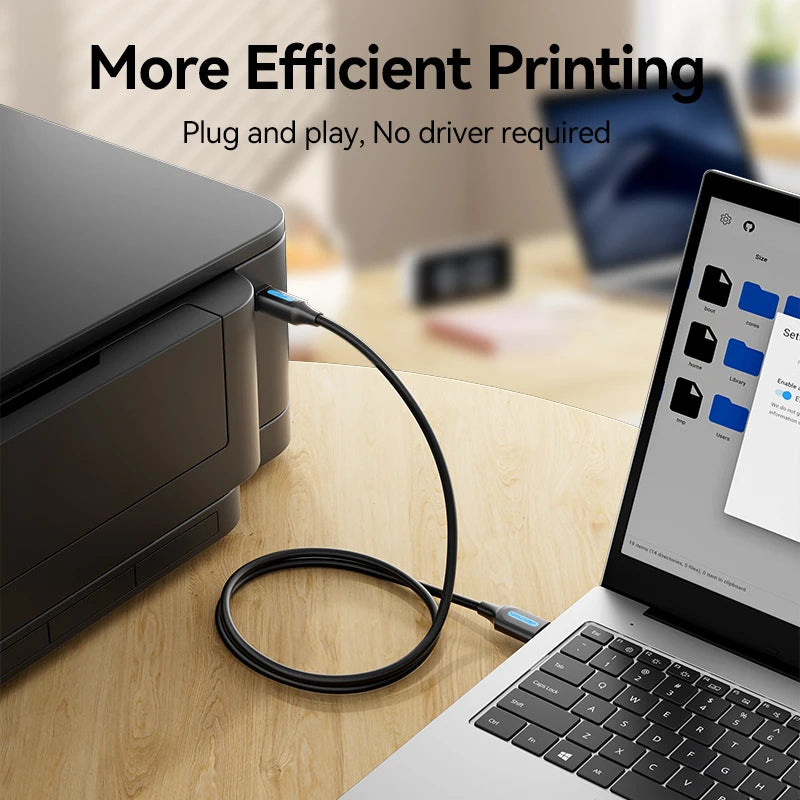 Printer connected to a laptop with text 'More Efficient Printing' and 'Plug and play, No driver required'.