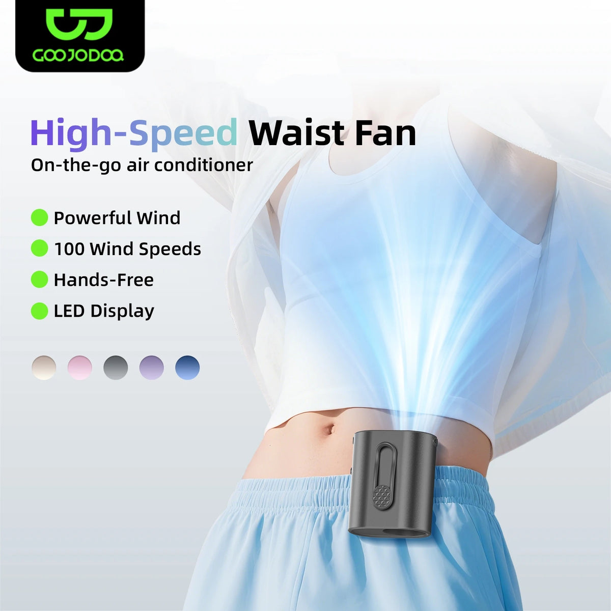 High-Speed Waist Fan with features listed on a white background