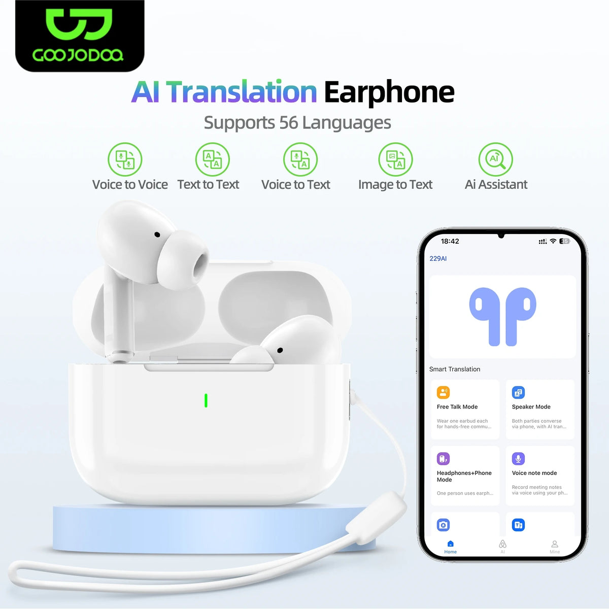 AI translation earphones with a smartphone app displayed on a light blue background