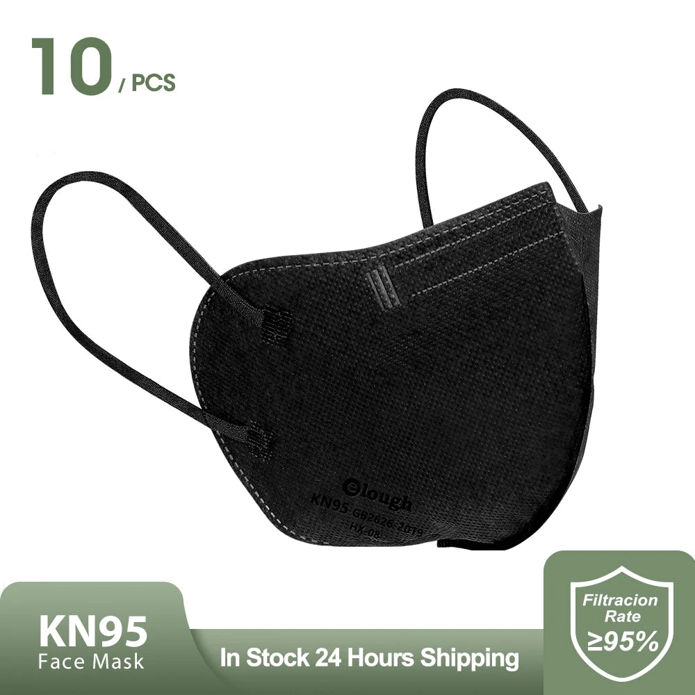 Black KN95 face mask with brand name on a white background