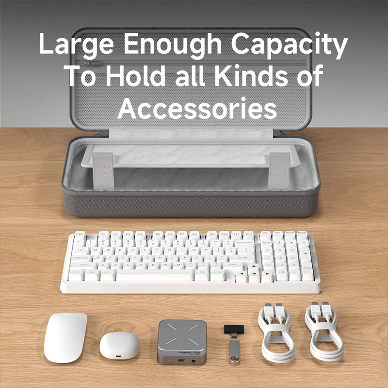 Gray carrying case with a white keyboard and accessories on a wooden surface