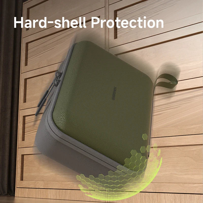 Green hard-shell protective case on a wooden surface with 'Hard-shell Protection' text.