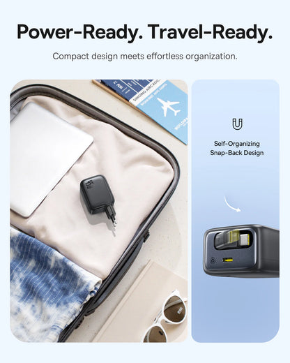 Compact travel organizer with power adapter, phone, and sunglasses with text 'Power-Ready. Travel-Ready.'