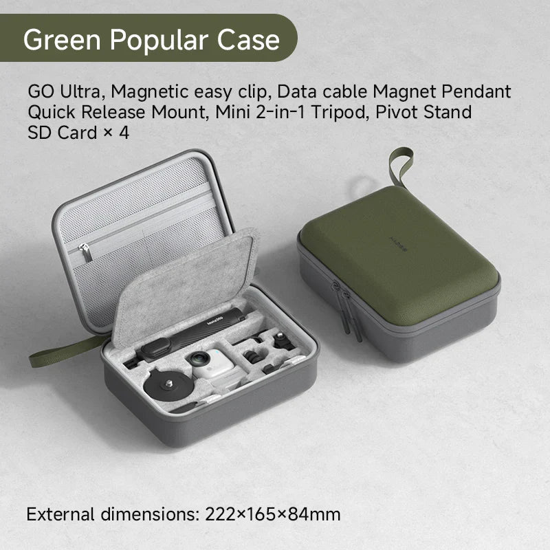 Green and gray carrying case with accessories on a light gray background