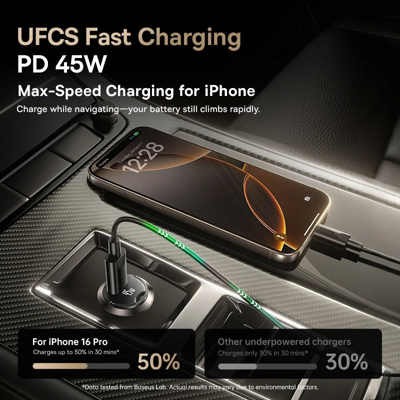 Phone charging with UFCS Fast Charging PD 45W technology on a car dashboard.