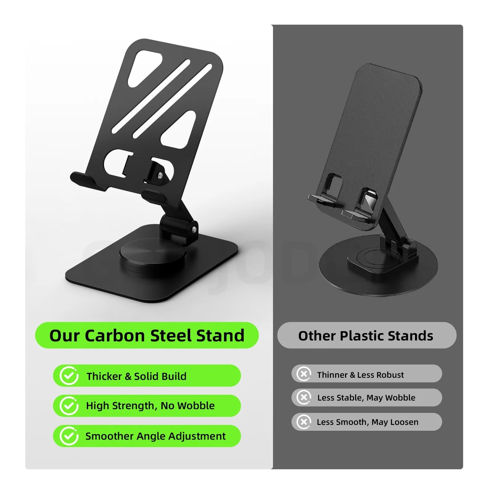 Carbon steel phone stand compared to other plastic stands on a white and gray background