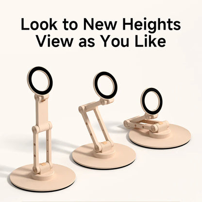 Three adjustable phone stands on a white background with text 'Look to New Heights View as You Like'.
