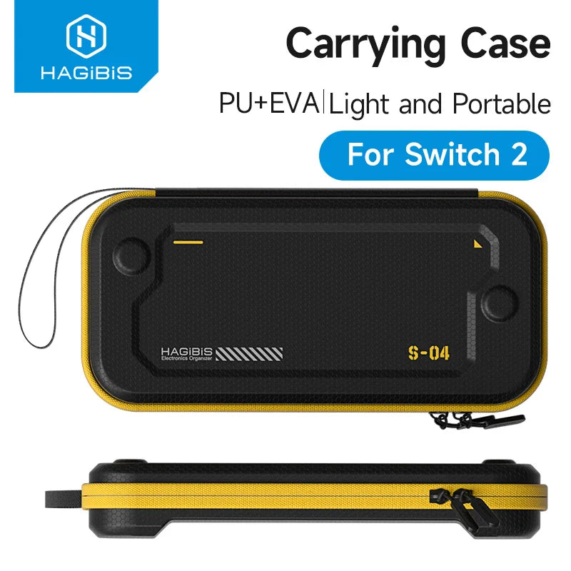 Carrying case for Switch 2 by HAGIBIS with black and yellow design on a white background