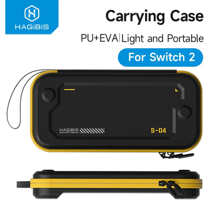 Carrying case for Switch 2 by HAGIBIS with black and yellow design on a white background