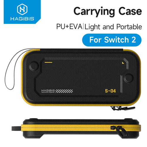 Carrying case for Switch 2 by HAGIBIS with black and yellow design on a white background