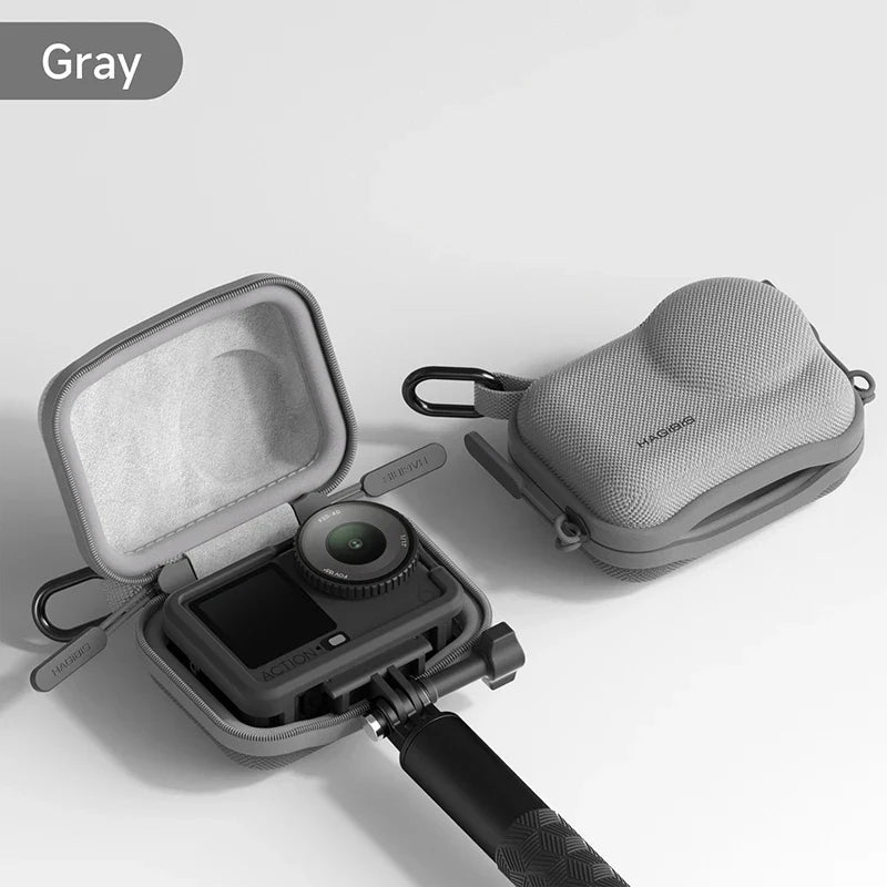 Gray camera case with a lens and black handle on a light gray background