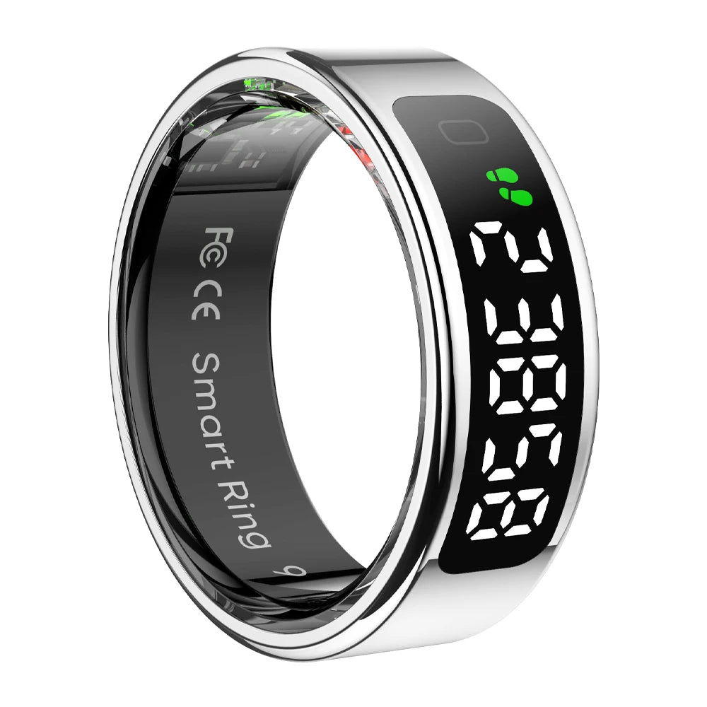 Smart ring with digital display on a white background