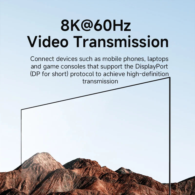 8K@60Hz video transmission advertisement with a mountainous landscape background.