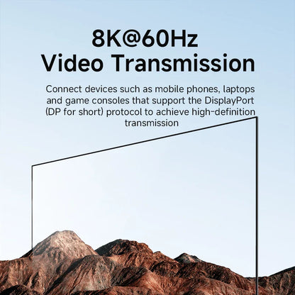 8K@60Hz video transmission advertisement with a mountainous landscape background.
