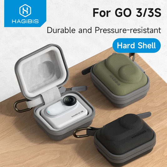 Hagibis hard shell cases for Go 3/3S camera on a wooden surface