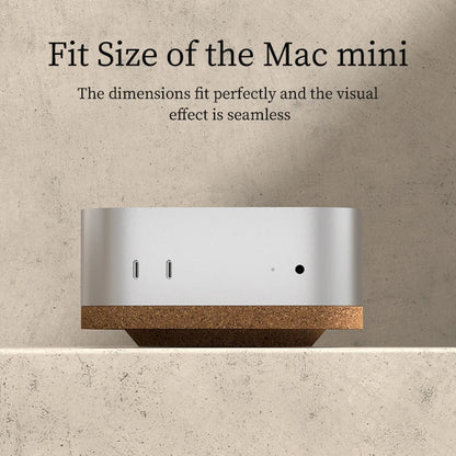Mac mini on a wooden stand with text about its dimensions and visual effect.