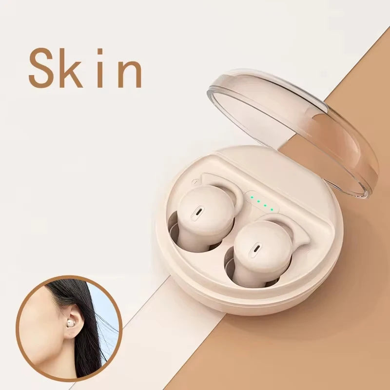 Wireless earbuds in a transparent charging case with 'Skin' branding.