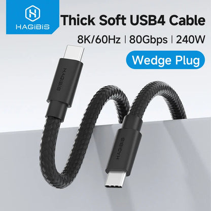Thick soft USB4 cable with wedge plug on a white background.