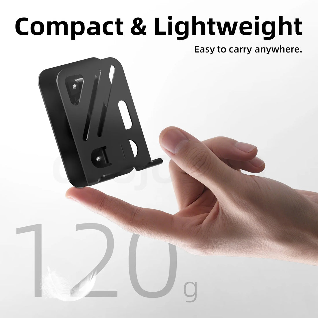 Compact phone mount held by a hand with text 'Compact & Lightweight' and 'Easy to carry anywhere.'