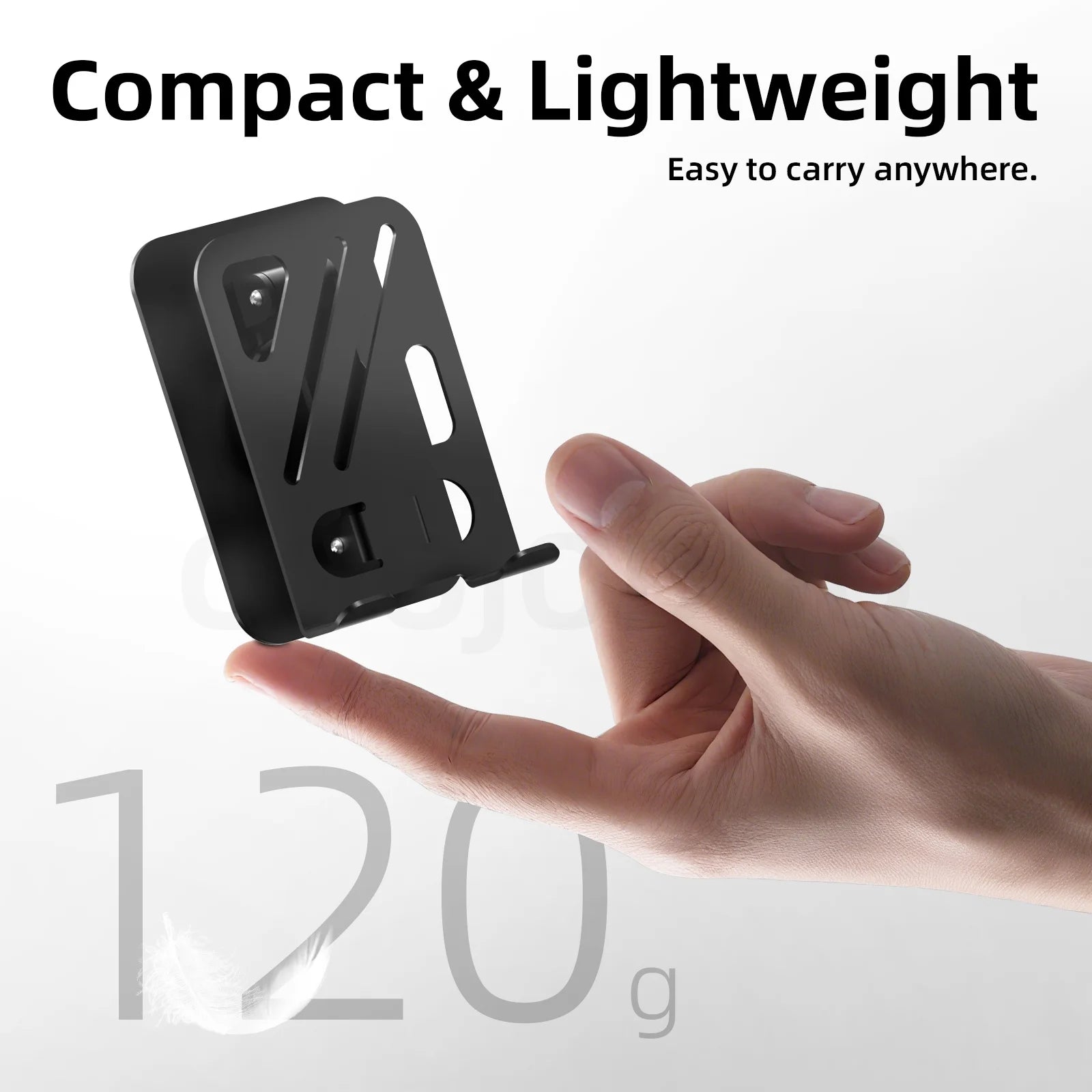 Compact phone mount held by a hand with text 'Compact & Lightweight' and 'Easy to carry anywhere.'