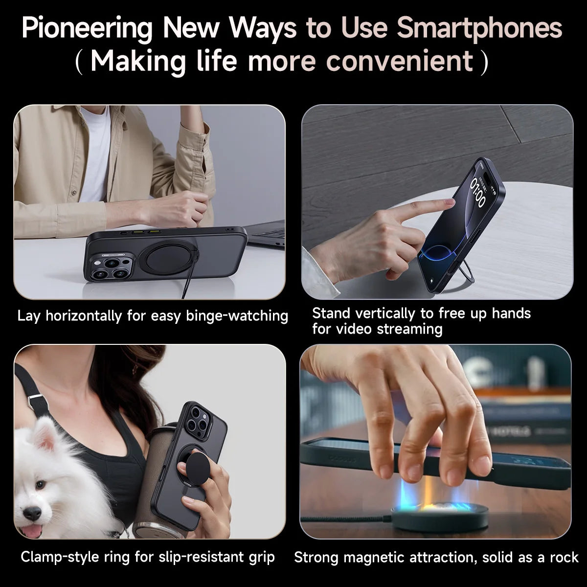 Smartphone stand with various uses and features on a black background