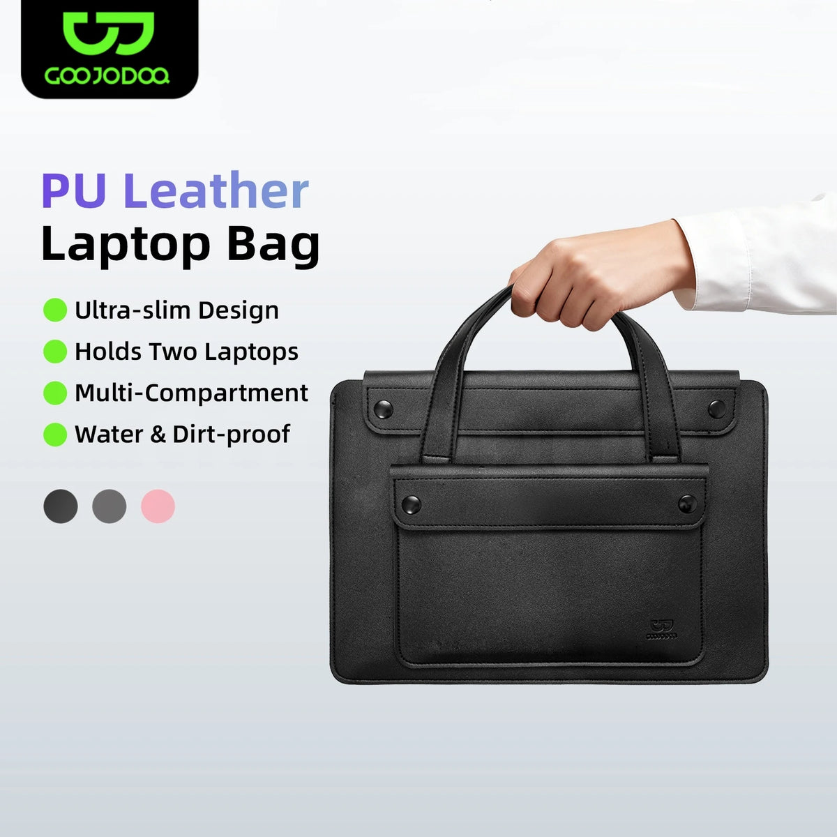 Black PU leather laptop bag held by a hand with product features listed on a white background.