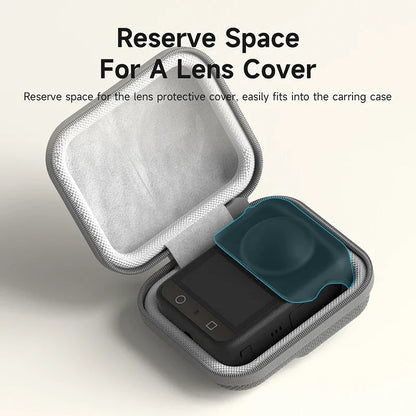 Gray carrying case with a lens protective cover inside, on a light gray background.