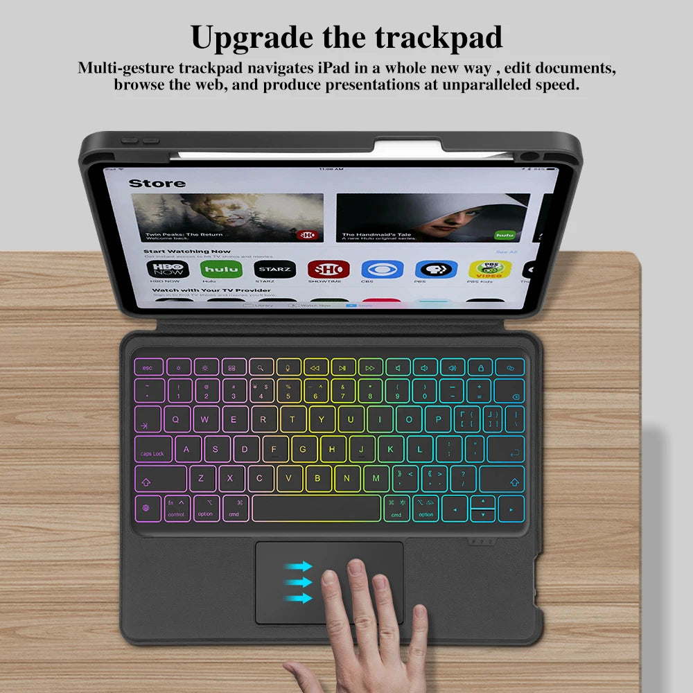Keyboard cover with trackpad for iPad on a wooden surface.