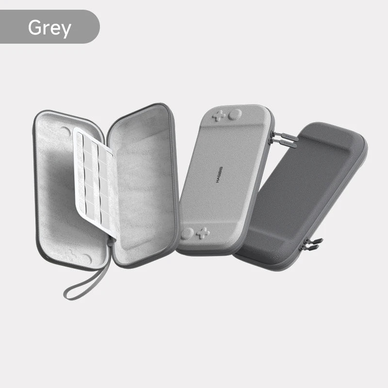 Gray travel case with a phone inside on a light gray background
