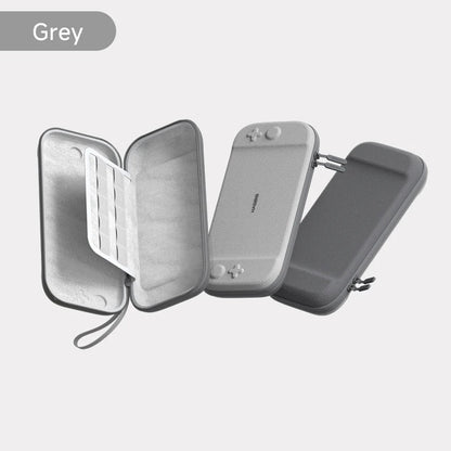 Gray travel case with a phone inside on a light gray background