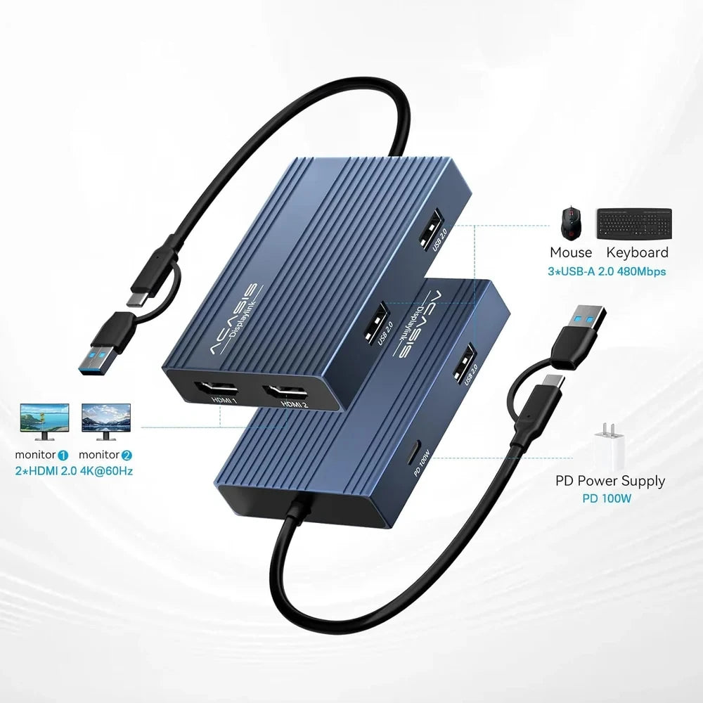 ACASIS DS0602 DisplayLink Dual 4K 60Hz USB-C Hub 100W