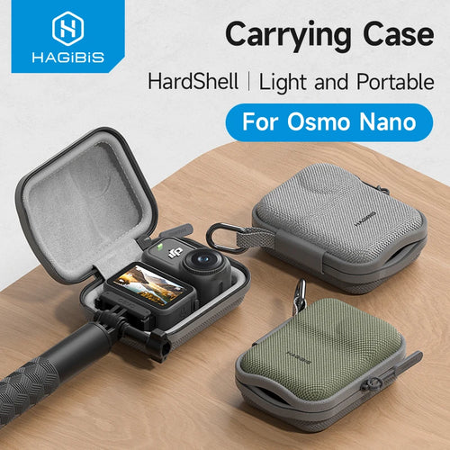 Hagibis carrying case for Osmo Nano on a wooden surface with Hagibis logo.