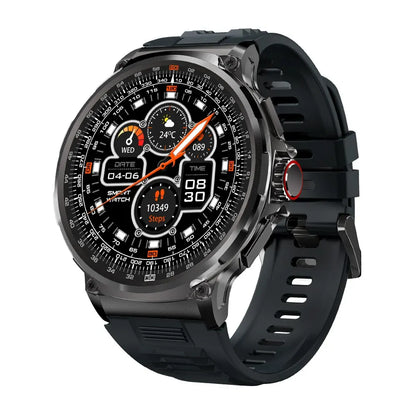Black smartwatch with detailed display on a white background