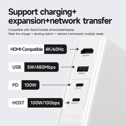 Multifunctional device with charging, expansion, and network transfer capabilities on a white background.