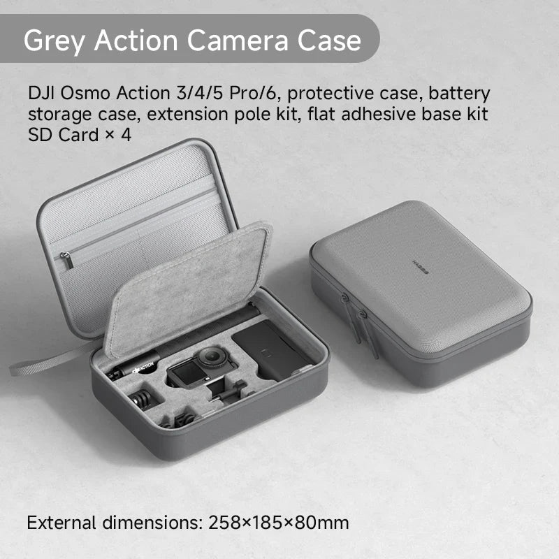 Gray action camera case with DJI Osmo Action camera and accessories on a light gray background