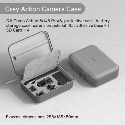 Gray action camera case with DJI Osmo Action camera and accessories on a light gray background