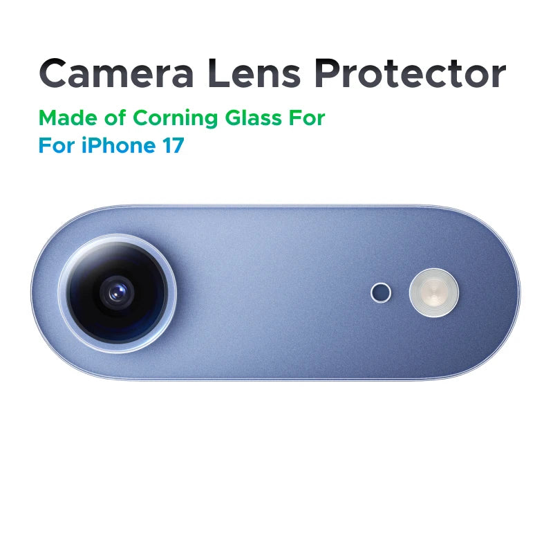 Camera lens protector for iPhone 17 with Corning Glass material on a white background