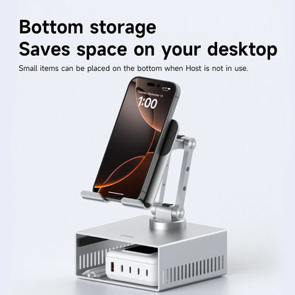 Phone stand with bottom storage compartment on a light gray background